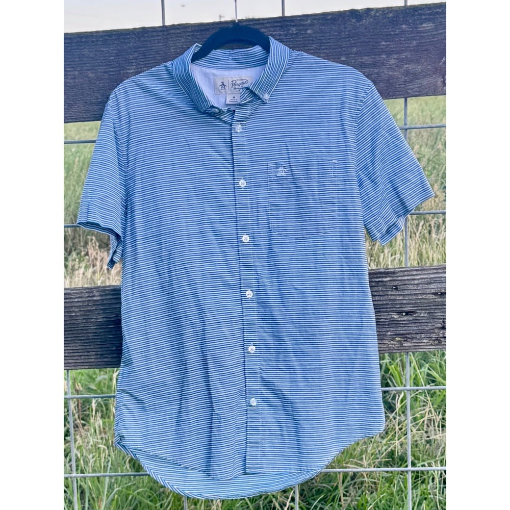 Original Penguin Mens Blue White Striped Short Sleeve Button Down Shirt Medium